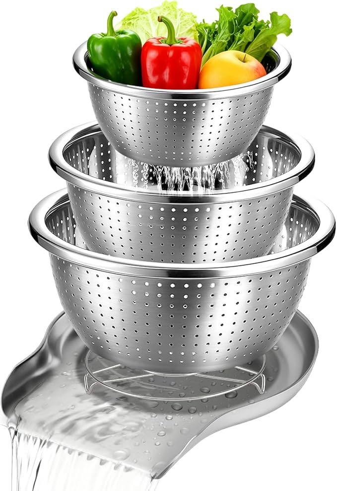 Palksky Stainless Steel Colander Set with Self-Draining Base, 3 Sizes Colanders & Food Strainers for Pasta, Rice, Fruits & Veggies, Metal Colander with Draining Plate for Sink or Countertop by Palksky