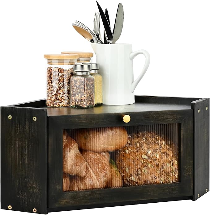 Bread Box for Kitchen Countertop with Acrylic Window Black | Farmhouse Bread Storage Container, Large Pantry Organizers for Homemade Snacks, Loaves, Breathable Keeps Bread Fresh by Ollieroo