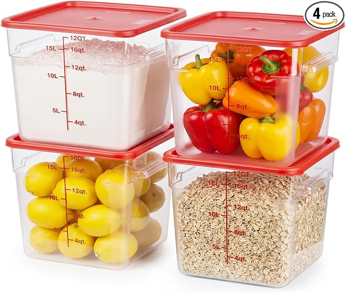 4 Pack Food Storage Containers with Red Lids, 12.0 Qt - Square, Clear, Polycarbonate, for Restaurant Commercial Kitchen and Home party by TSUBOR