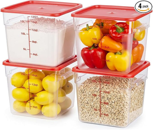 4 Pack Food Storage Containers with Red Lids, 12.0 Qt - Square, Clear, Polycarbonate, for Restaurant Commercial Kitchen and Home party by TSUBOR