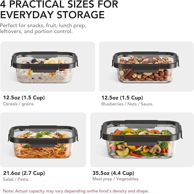 Glass Meal Prep Containers with Glass Lids, 4 Pack Airtight Glass Food Storage Containers, Borosilicate Glass Lunch Containers for Healthy Meal Prep, Microwave Oven Dishwasher Safe, BPA Free - Image 4