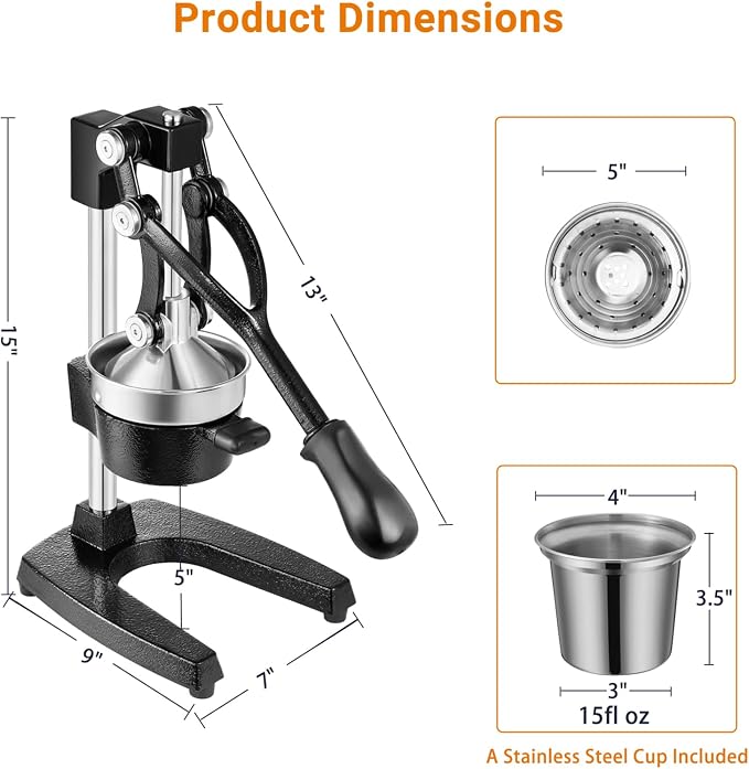 TONGCHANT Cast Iron Manual Juicer for Orange Lemon Lime Pomegranate &Citrus | Heavy Duty Orange Juicer Squeezer, Hand Press Juicer, Citrus Press, Stainless Steel Cup, Easy to Clean, Black - Image 3