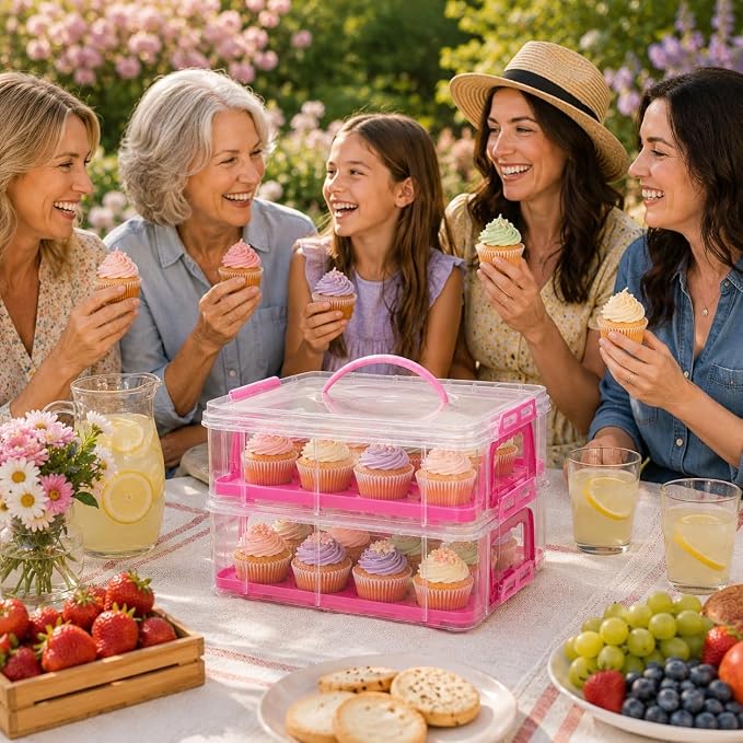 Cupcake Carrier Stackable Storage Container Collapsible Cake Carrier with Lid and Handle, with 50 PCS Cupcake liners,Reusable Plastic Dessert Travel Container,Transport Box (24 Cupcakes Pink) - Image 6