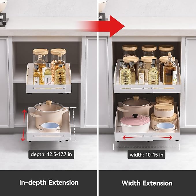 Pull Out Cabinet Organizer 12.5"-17.7"D&10"-15"W Raised Walls White | 5.5" Raised Side Walls Zero-Drill Adhesive Install 4-Way Expandable Design Triple-Rail Smooth Glide For Kitchen Cabinets - Image 4