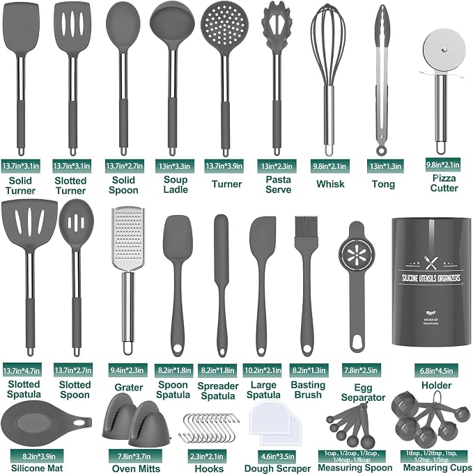 Umite Chef Silicone Kitchen Cooking Utensil Set, 43 pcs Silicone Spatula with Stainless Steel Handle, Non-stick Heat Resistant - Best Cookware (Grey) - Image 2