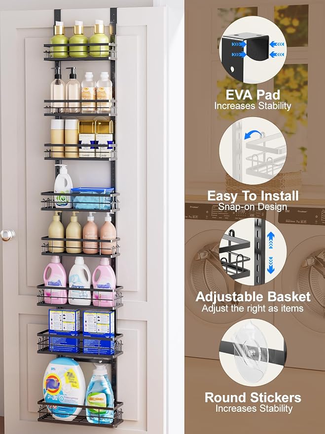 Delamu 9-Tier Over the Door Pantry Organizer, Adjustable Pantry Door Organizers and Storage, Metal Hanging Basket Wall Spice Rack Seasoning Organizer, Door Organizer Kitchen Bedroom Bathroom,12"Black - Image 4