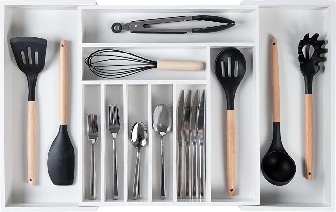 Silverware & Utensil Drawer Organizer, 16-28 in, White Bamboo | Cutlery, flatware, food-safe contract grade, kitchen drawer fit by KitchenEdge