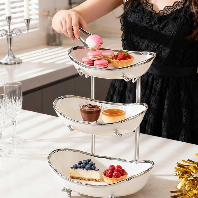 3 Tier Fruit Bowls For Kitchen Counter, Ceramic Fruit Basket Stand | Metal Fruit Serving Tray, Large Capacity, Snacks Nuts Cake Storage Holder for Party, Silver 1 - Image 4