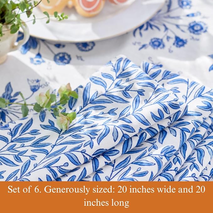 100% Blue Cotton Dinner Napkins, Set of 6, Hand Printed English Gardens Design, Fair Trade, Washable Cloth Napkins for Parties & Cocktails 20x20 in - Image 4
