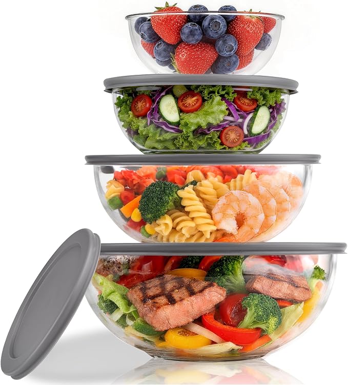 Glass Mixing Bowls with Lids Set of 4,Glass Bowls with Lids Large Mixing Bowl Salad Bowls Space-Saving Nesting bowls Serving bowls Storage Container for Cooking,Baking,Prepping by Reasmi