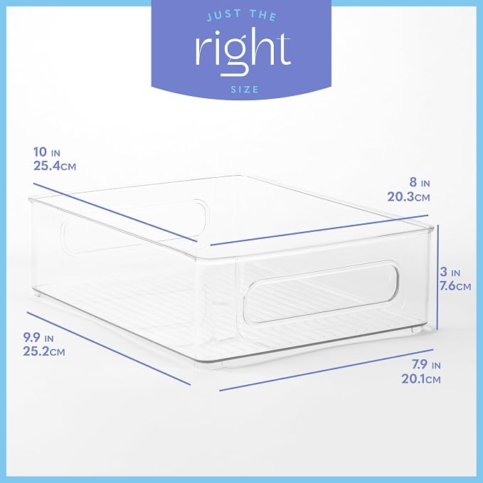 Plastic Food Storage 4 Pack Clear Container Bin with Handles for Organizing Kitchen, Pantry, Refrigerator, Freezer, Pantry, Cabinet, Closet, Bathroom. Stackable 10”x8”x3” - Image 4