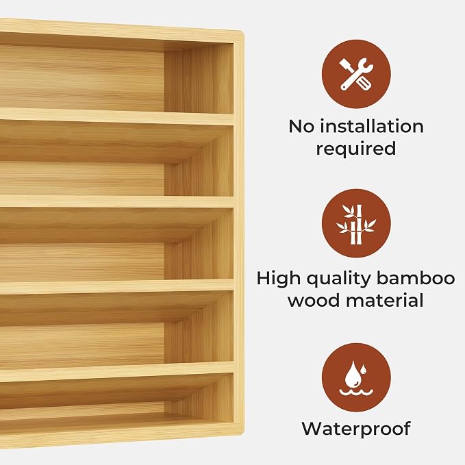 Orimade 4 Tier Spice Rack Organizer for Cabinet with 28 Plastic Spice Jars, Freestanding Bamboo Seasoning Rack for Countertop, Cupboard, Pantry, Kitchen, 13.18 x 4.13 x 12.2 inches - Image 5