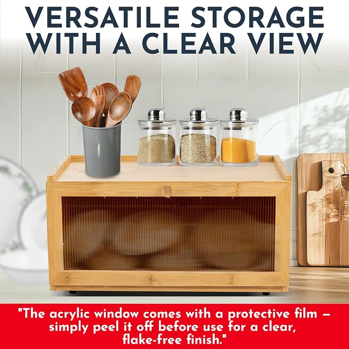 Large Bamboo Bread Box for Kitchen Countertop Acrylic Window, Extra Storage | Bread Box for Homemade Bread with Large Storage Capacity, Acrylic Window and Extra Top Storage - Image 2