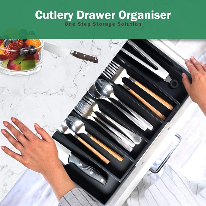 MASS DYNAMIC Cutlery Drawer Organiser, Expandable Bamboo Cutlery Tray for Kitchen Utensil, Adjustable Silverware and Flatware Holder, 7 Slots Storage for Spoons Forks Knives (Black) - Image 2