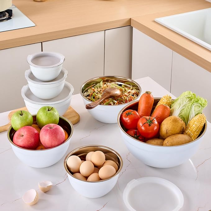 White Mixing Bowls with Airtight Lids, Stainless Steel Nesting Mixing Bowls Set of 7, Ideal for Baking, Prepping and Serving Food, Size 7, 3.6, 2.7, 2.1, 1.5, 1.1,0.8 QT, Stackable Design - Image 8