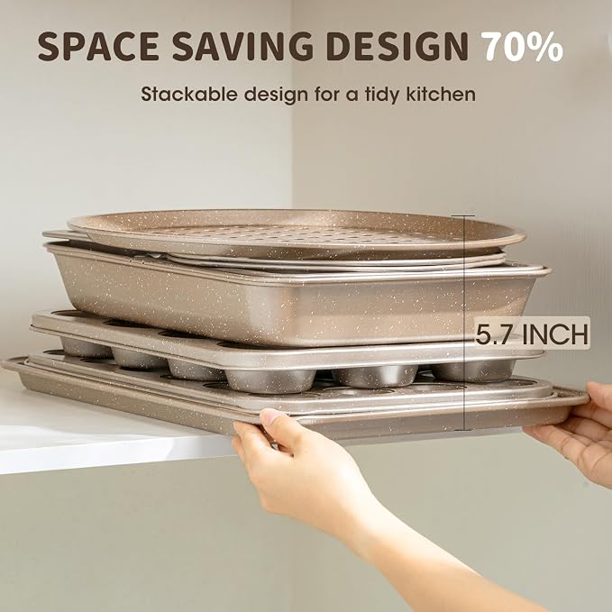 Terlulu 10-Piece Baking Pans Set, Bakeware Sets Nonstick, Baking Set for Oven Cooking, Stackable Carbon Steel Pans Include Cookie Sheets, Muffin Pan, Cake Pan, Pizza Pan, Loaf Pan, Roasting Pan, Gold - Image 7