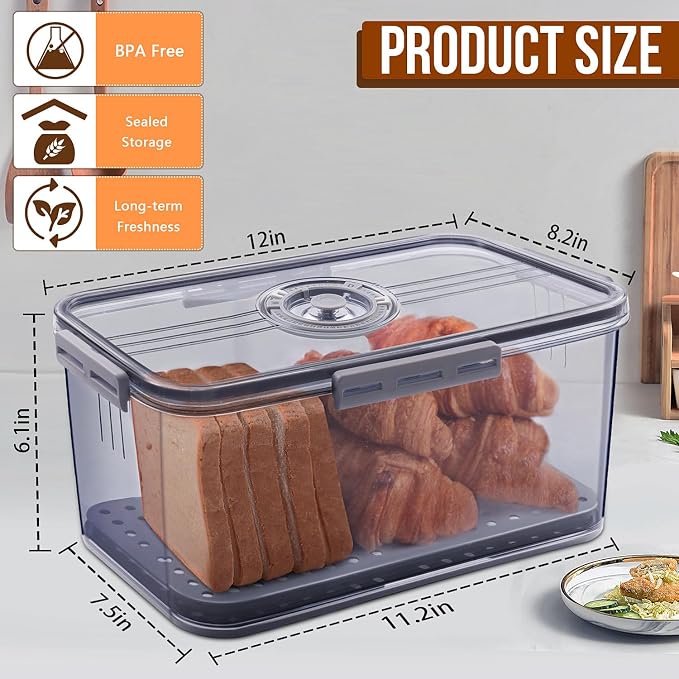 Gifhomfix Bread Box Bread Boxes for Kitchen Counter Airtight, Time Recording Bread Storage Container with Lid, Bread Keeper for Homemade Bread, Toast, Bagel, Donut and Cookies, LARGE Grey - Image 2