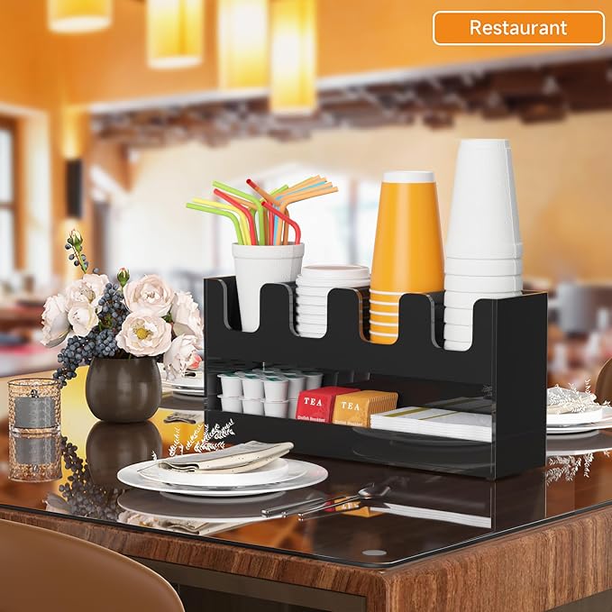 Beego 5-Compartment Cup Holder for Countertop - 2-Tier Black Acrylic Cup Dispenser Coffee Station Paper Cup and Lid Organizer Condiment Storage for Restaurant Breakroom Kitchen Bar Accessories - Image 4