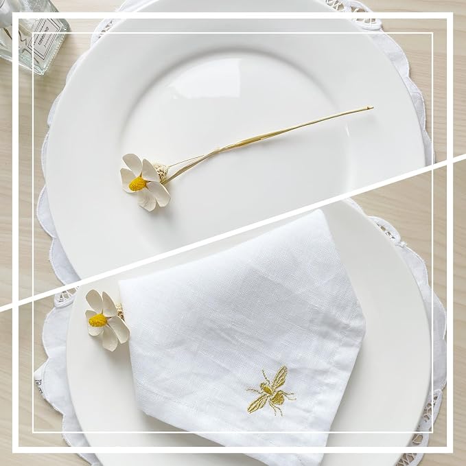 DerF HOME Embroidered Linen Napkins, White, 18x18 Inch, Set of 4 | 100% Pure Linen Cloth Dinner Napkins with Elegant Embroidery, Reusable Washable Table Napkins for Wedding, Party & Home Decor - Image 6