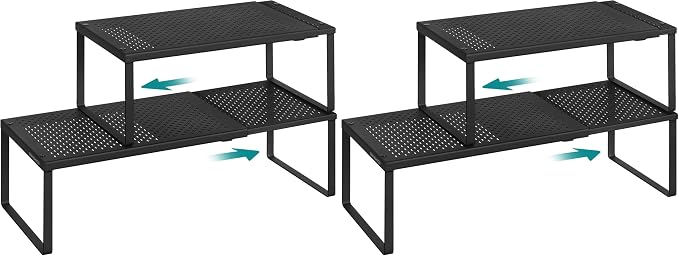 SONGMICS Set of 2 Expandable Pantry Kitchen Organizers, Adjustable Spice Rack, Stackable Cabinet Organizers, Metal, Space-Saving Tabletop Shelves, Matte Black UKCS402B01 (Pack of 2) by Unknown