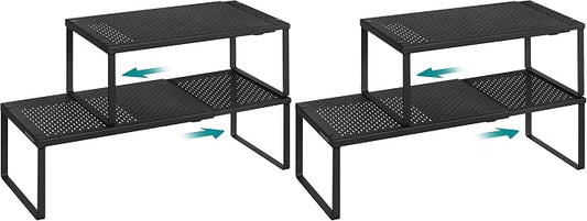 SONGMICS Set of 2 Expandable Pantry Kitchen Organizers, Adjustable Spice Rack, Stackable Cabinet Organizers, Metal, Space-Saving Tabletop Shelves, Matte Black UKCS402B01 (Pack of 2) by Unknown
