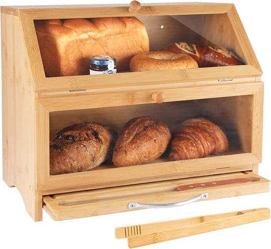 MAISONPEX Double Layer Bamboo Bread Box for Kitchen Countertop, Cutting Board, and Stainless Steel Bread Knife, Large Capacity Storage Container with Clear Windows (Self-Assembly) by MAISONPEX
