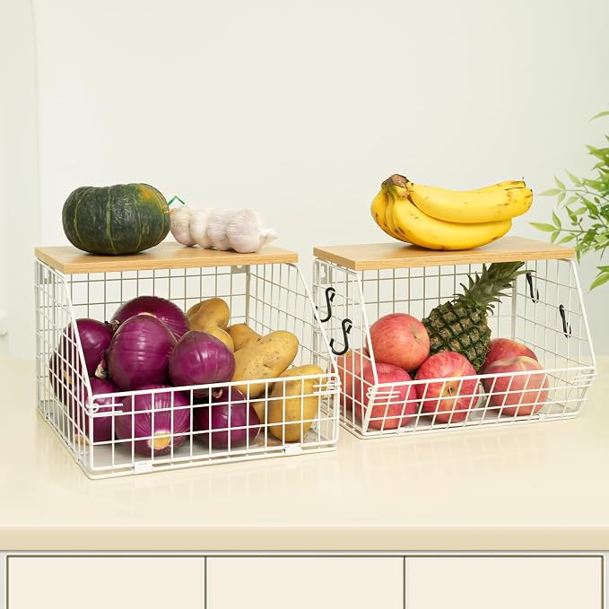 Mefirt White Fruit Bowl, 2-Tier Fruit Basket for Kitchen Counter, Stackable Wall Mounted Veggie Storage, Snack Organizer, Potato and Onion Storage Basket, Hanging Pantry Organizer with Wood Lid, 2 Set - Image 8