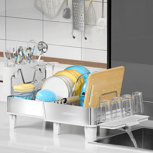 Dish Drying Rack, 304 Stainless Steel Expandable Dish Rack with Adjustable Drain Spout, Large Capacity Dish Drainer with Utensil Holder, Cup Holder and Cutting Board Rack for Kitchen Counter, White by StartYourHomeStorageLife