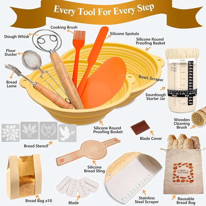 Sourdough Bread Baking Supplies, 33 PCS Sourdough Starter Kit, Sour Dough Kit Tools, Bread Making Tools Kits Includes Bread Lame, Dough Scraper, Glass Jar, Sourdough Kit Gift for Bakers,Women Wife Mom - Image 2