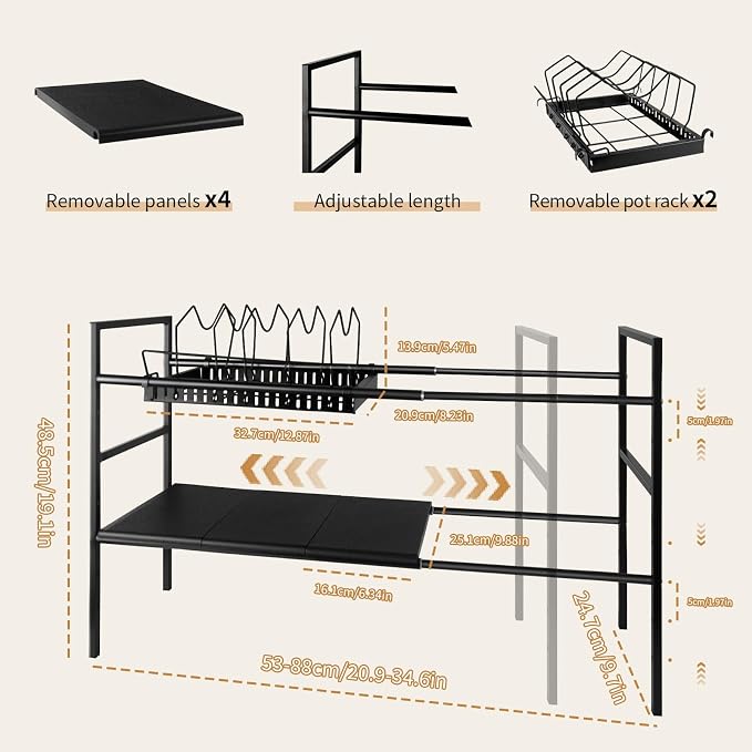 Pots and Pans Organizer Under Cabinet, Expandable Pots Organizers Inside Cabinet, Adjustable Height Under Sink Shelf 2 Tier with 10 Dividers Under Cabinet Shelf, Pot and Pan Lid Holder Rack (Black) - Image 2