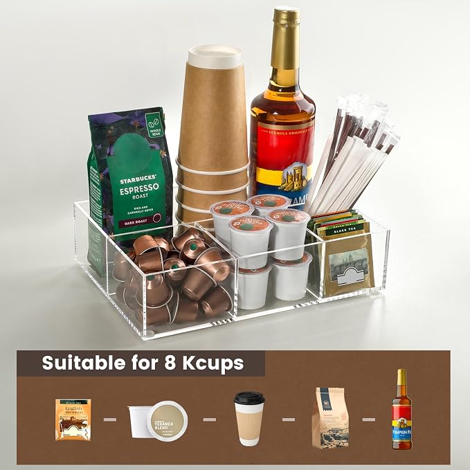 BEYGORM Acrylic Coffee Bar Station Organizer for Countertop | Office Breakroom Clear Snack Tea Storage Accessories Holder for Kcup Pod Condiment Cup Creamer Syrup, Gift for Coffee Lovers - Image 3