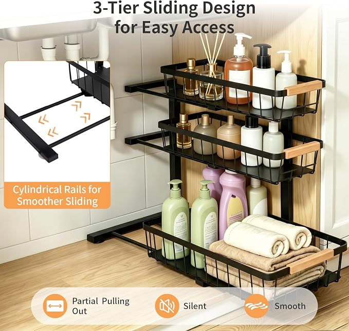 3 Tier Grid Pull Out Under Sink Organizer Black 1 Pack | Heavy duty grid pull out organizer with reinforced structure for storing cleaning supplies under sink and cabinet spaces - Image 5