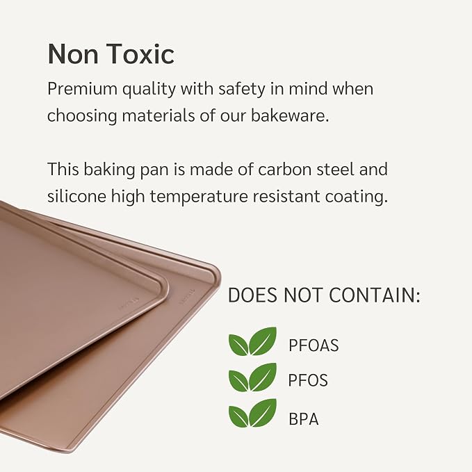 13 x 17 inch Nonstick Cookie Sheet 2-Pack Rimless, PFOA & BPA Free | | Non-Toxic - High Carbon Steel - Gold - Half Sheets for Oven Baking without Lip - Image 7