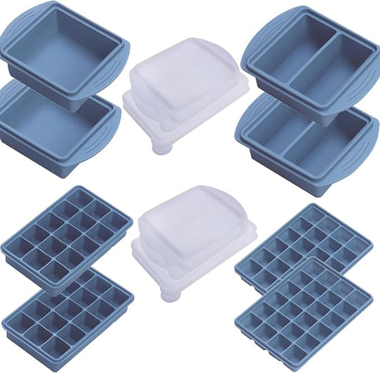 Silicone Freezer Trays with Lid (8-Pack), 1-Cup, 2-Cup, 2-Tbsp & 1-Tbsp Silicone Freezer Molds, Stackable Soup Freezer Meal Prep Containers,Ice Cube Tray for Making Sauce,Yogurt Bites (Blue 8 Pack) by Vrykiin