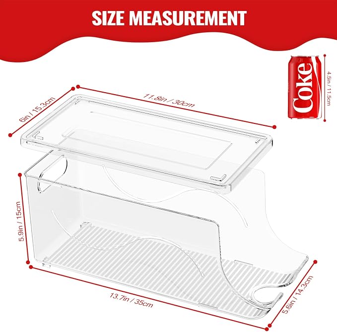 SCAVATA 2 Pack Stackable Refrigerator Organizer, Soda Can Dispenser Pop Cans Container Beverage Holder with Lid for Fridge, Freezer, Kitchen, Clear Plastic Storage Bins-Holds 10 Cans Each - Image 4