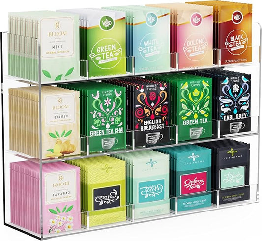 Acrylic Tea Bag Organizer, 3 Layers Tea Bag Holder for Tea Packets, Wall Mount Display Tea Caddy for Countertop or Cabinet, 15 Slots, Clear by LaumffonOfficial