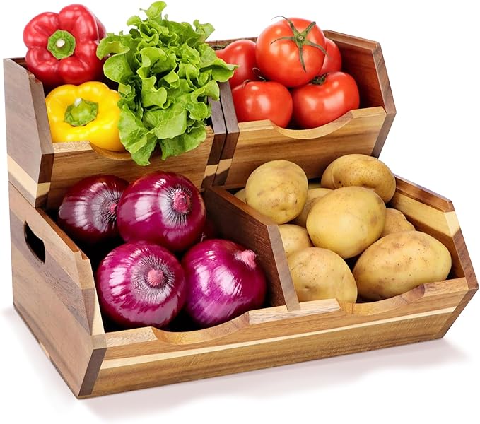 Acacia Wood Pantry Storage Bins, Stackable 3-piece set | Moisture-resistant hardwood with ventilated open front. Stores potatoes, onions, vegetables, and fruits on countertop by Happilif