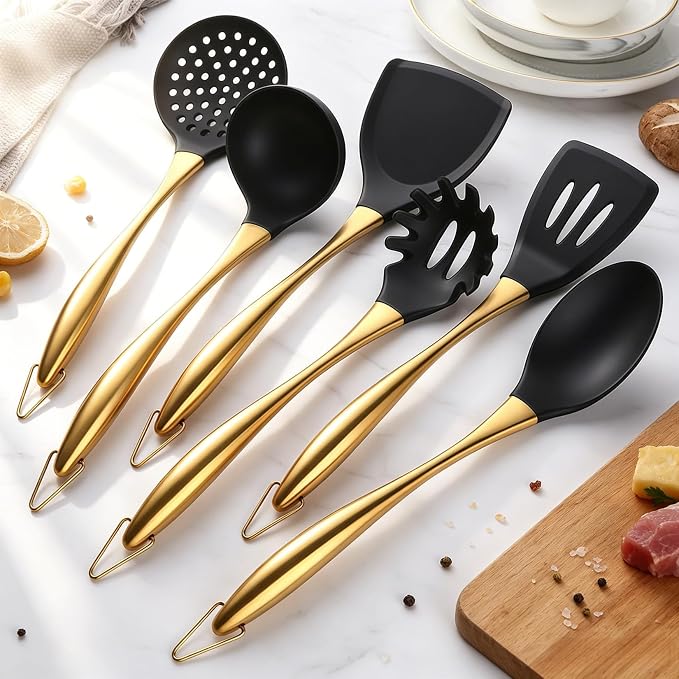 Silicone Cooking Utensils Set, 17pcs Kitchen Utensil Set with Rotatable Holder, Heat-Resistant Silicone Utensils for Cooking, Non-Stick Spatula Set with Stainless Steel Handle,Turner,Ladle (Gold) - Image 2