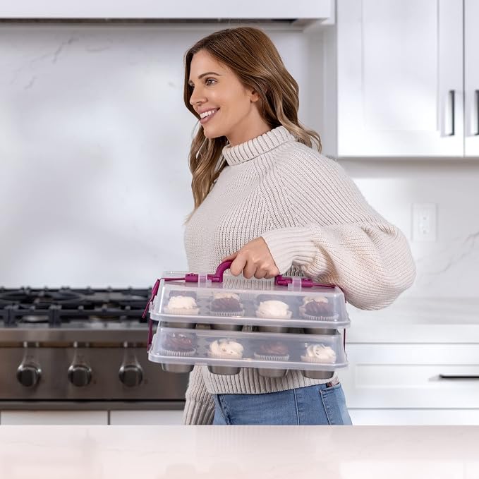 Cupcake Carrier for 24 Cupcakes - Innovative Cupcake Holder includes 2 Cupcake Pans with Lid and Handle - Cupcake Travel Container Carries 12 or 24 Standard-Size Cupcakes for Storage Safely - Image 6