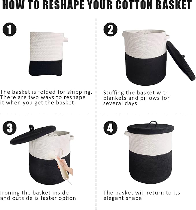 Large Storage Basket with Lid 60L, 16"Wx18"H Woven Laundry Hamper Basket with Handle, Room Decor Cotton Rope Wicker Basket Toy Organizer Bins for Clothes Blankets Pillows, Black/White Mix includes Lid - Image 5