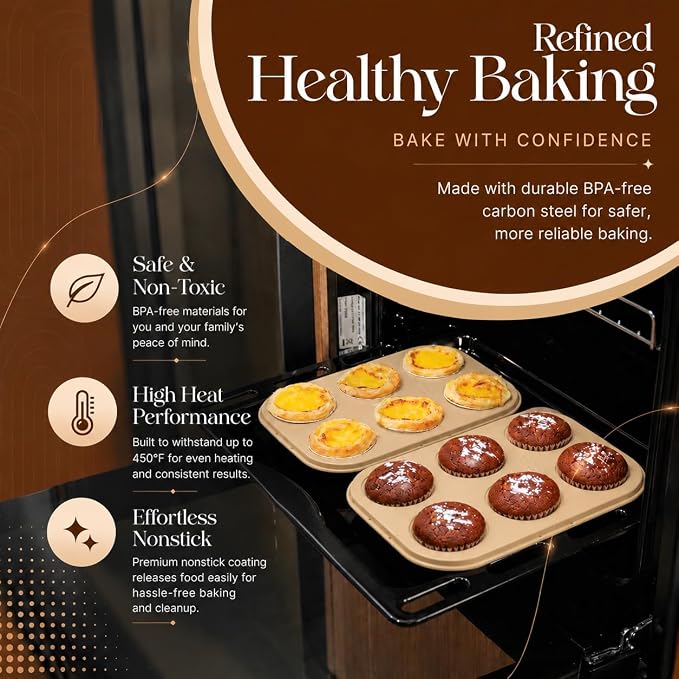 Nonstick Bakeware Set 8 Piece - Stackable Baking Pan Set, Oven safe 450°F, Carbon Steel Baking Set with Muffin, Loaf, Cookie Sheets & Roaster, Easy Storage, BPA-Free (Beige) - Image 6