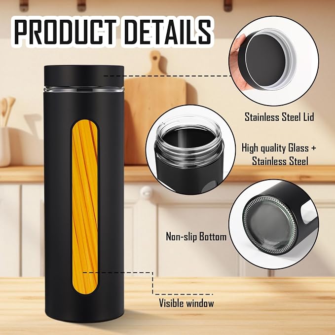 Patelai 6 Pack Kitchen Canisters Set Airtight Stainless Steel Canister Food Storage Container with Window Glass, Coffee Sugar Candy Jars Tea Organizer for Flour Cookies Spice (Black,60 oz) - Image 4