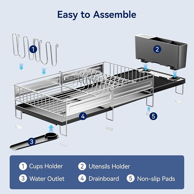 Stainless Steel Dish Drying Rack - Expandable Dish Racks for Kitchen Counter Organizer with Drain Board, Detachable Utensil & Cup Holder, Dish Drainer for Small Kitchen Counter, Black - Image 7