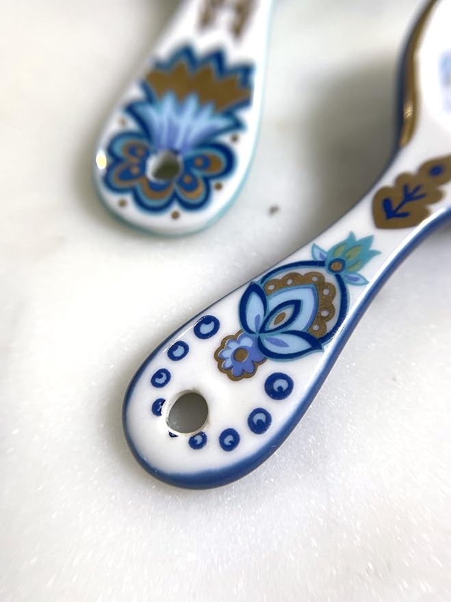 Mary DiSomma’s Ceramic Measuring Spoons (Set of 4) | Unique Signature Floral Print Design for each, Gold Overlay, Teal, Blue, Robin’s Egg Blue, Lime Green, Metallic Gold Chain, Boxed gift set - Image 7