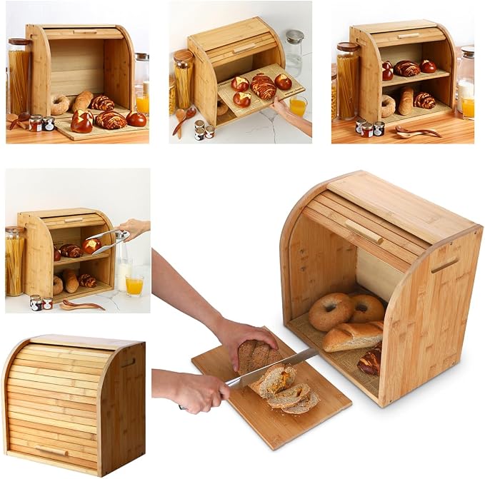 G.a HOMEFAVOR Bread Box, 2 Layer Bamboo Bread Boxes for Kitchen Food Storage, Large Capacity Bread Keeper Roll Top with Removable Layer, 15" x 9.8" x 14.2", 15 mm Thickness (Self-assembly) | Roll Top Bread Keeper with Removable Layer, Large Capacity, 1... - Image 5