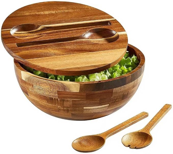 JOYMAY Salad Bowls Wood Salad Bowl Set with Lid 11.8 Inch Large Wooden Bowls Set Acacia Wood Serving-Bowl with Serving Utensils Bowl for Kitchen, Dining, Party by JOYMAY
