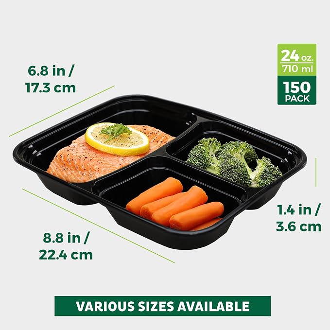 Freshware Meal Prep Containers [150 Pack] 3 Compartment with Lids, Food Storage Containers, Bento Box, BPA Free, Stackable, Microwave/Dishwasher/Freezer Safe (24 oz) - Image 4