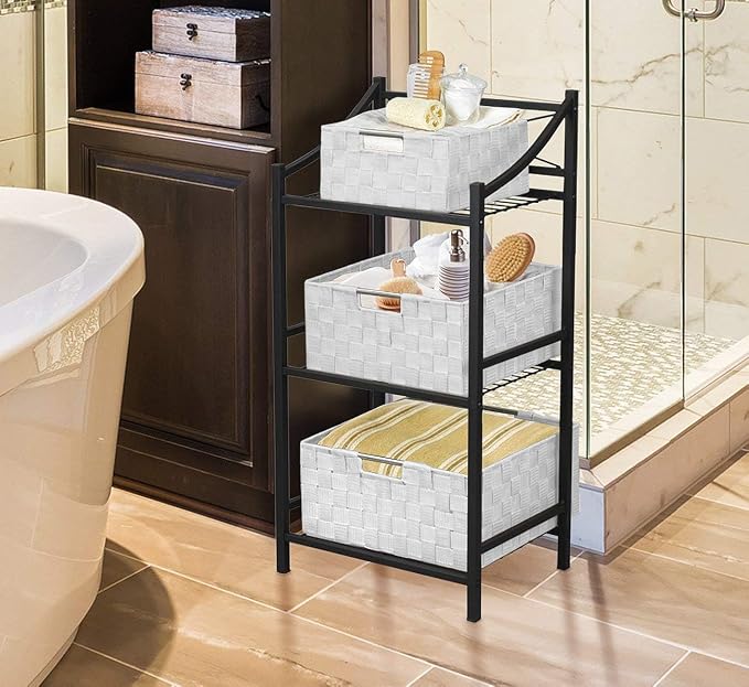 Sorbus Storage Box Woven Basket Bin Container Tote Cube Organizer Set Stackable Storage Basket Woven Strap Shelf Organizer Built-In Carry Handles (White) - Image 3