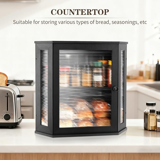 Extra Large Corner Bread Box - Bamboo Bread Box for Kitchen Countertops, Large Capacity Kitchen Bread Storage and Organizer with Corrugated Acrylic Wavy Window (Black) - Image 6