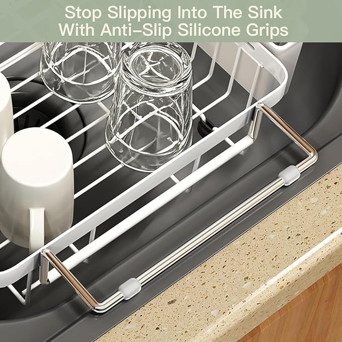 White Dish Drying Rack Over The Sink with Utensil Holder, Mat | Expandable Stainless Steel Dish Drainer for Small Kitchen, Apartment, RV, Counter Space Saving, Perfect Fit, Rustproof - Image 8